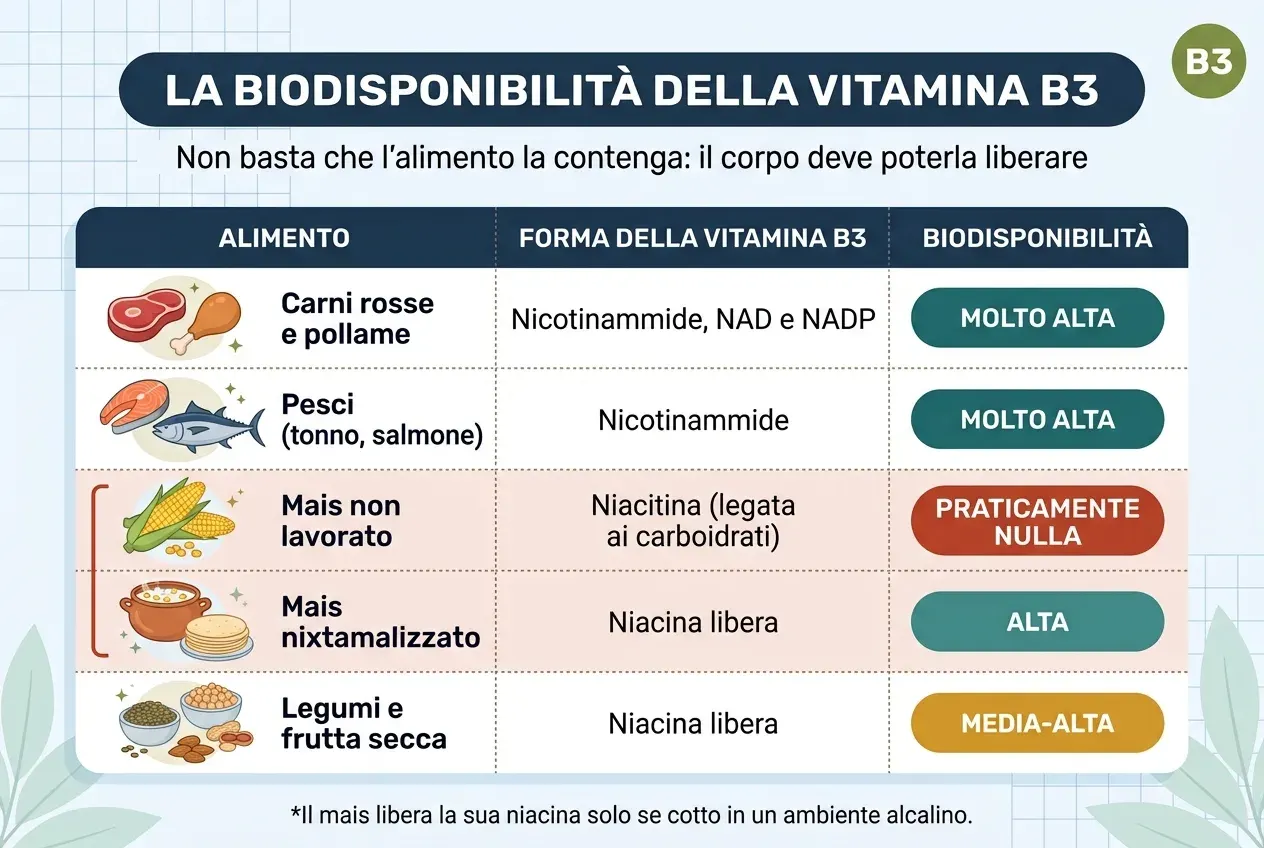 Tabella intitolata «La biodisponibilità della vitamina B3», con il sottotitolo «Non basta che l'alimento la contenga: il corpo deve poterla liberare». Tre colonne: alimento, forma della vitamina B3 e biodisponibilità. Le carni rosse e il pollame apportano nicotinammide, NAD e NADP, con biodisponibilità molto alta. I pesci, tonno e salmone, apportano nicotinammide, anch'essa molto alta. Il mais non lavorato contiene niacitina legata ai carboidrati, con biodisponibilità praticamente nulla. Il mais nixtamalizzato contiene niacina libera, con biodisponibilità alta; le due righe del mais sono raggruppate per segnalare che sono lo stesso alimento prima e dopo il trattamento. I legumi e la frutta secca contengono niacina libera, con biodisponibilità medio-alta. In fondo: il mais libera la sua niacina solo se cotto in un ambiente alcalino.