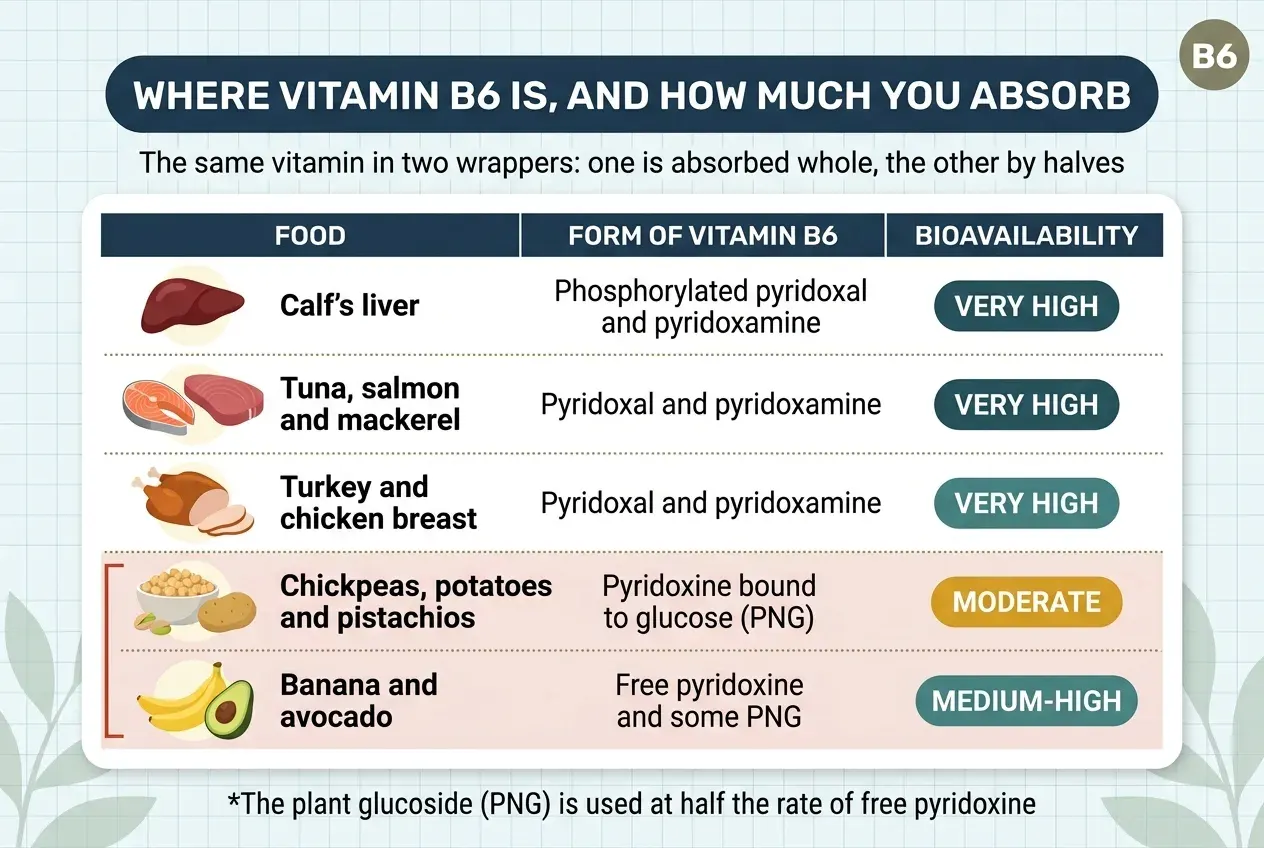 Table titled «Where vitamin B6 is, and how much you absorb», with the subtitle «The same vitamin in two wrappers: one is absorbed whole, the other by halves». Three columns: food, form of vitamin B6 and bioavailability. Calf's liver supplies phosphorylated pyridoxal and pyridoxamine, with very high bioavailability. Tuna, salmon and mackerel supply pyridoxal and pyridoxamine, also very high. Turkey and chicken breast, pyridoxal and pyridoxamine, very high. Chickpeas, potatoes and pistachios contain pyridoxine bound to glucose (PNG), with moderate bioavailability. Banana and avocado contain free pyridoxine and some PNG, with medium-high bioavailability. The last two rows, the plant ones, are grouped on a pink background to mark them as the ones that lose part of the vitamin along the way. Footer: the plant glucoside (PNG) is used at half the rate of free pyridoxine.