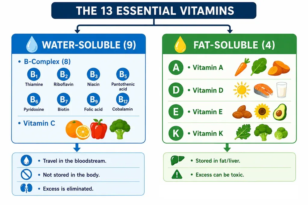 Diagram of the thirteen essential vitamins split into two groups. On the left, the nine water-soluble ones: the eight of the B complex (B1 thiamine, B2 riboflavin, B3 niacin, B5 pantothenic acid, B6 pyridoxine, B7 biotin, B9 folic acid and B12 cobalamin) plus vitamin C. On the right, the four fat-soluble ones: A, D, E and K, each beside the foods that provide it.