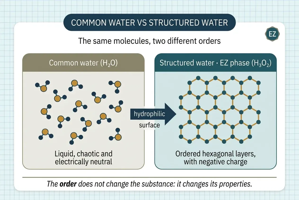 A two-panel comparison diagram. On the left, “Ordinary water (H₂O)”: loose water molecules, randomly oriented and without order, captioned “liquid, chaotic and electrically neutral”. On the right, “Structured water, EZ phase (H₃O₂)”: the same molecules bonded into a lattice of hexagons, like a honeycomb, captioned “ordered hexagonal layers, negatively charged”. Between them, an arrow labeled “hydrophilic surface” points from the first to the second. Footer: “The order does not change the substance: it changes its properties”.